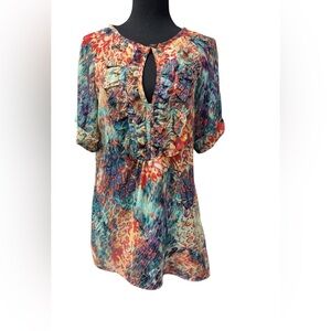 Annalee + Hope USA Sheer Artistic Multicolor/Ruffle/Keyhole Blouse size M